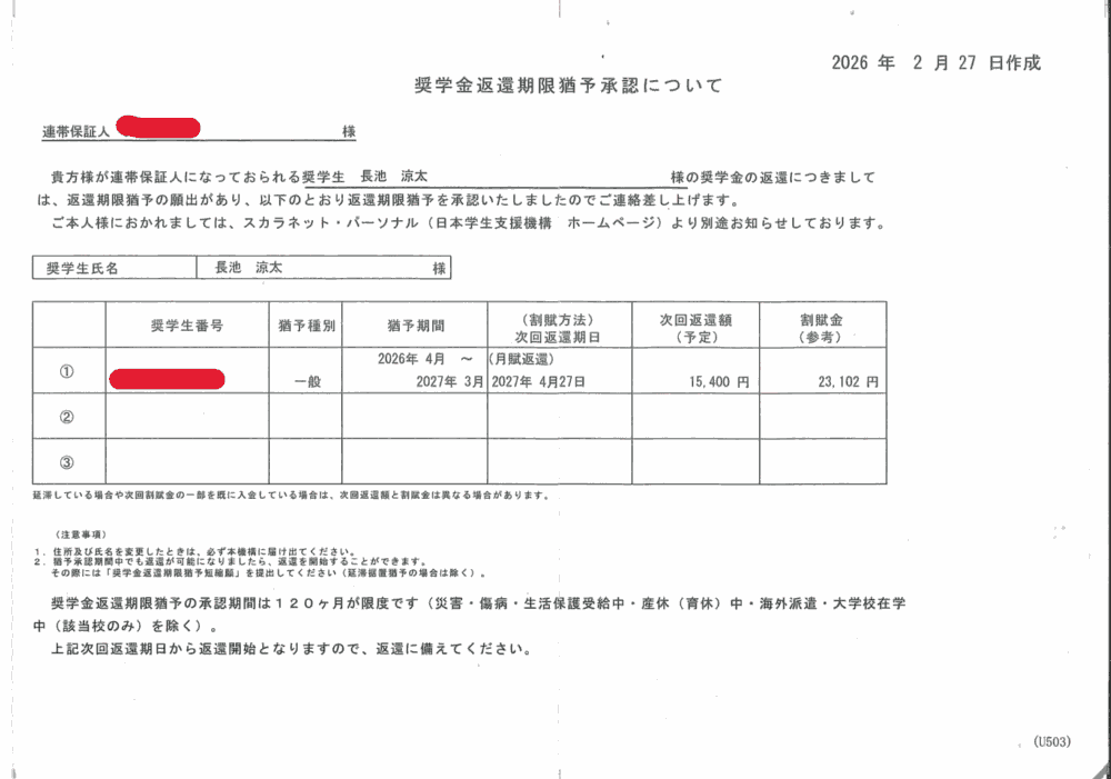 奨学金返還期限猶予承認について